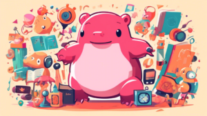 Create an image of Slowbro surrounded by various quirky objects that represent its fun facts, such as a clock showing its slow speed, a book symbolizing its ability to learn new moves, and a speech bubble with a fact about its relationship with Slowpoke.