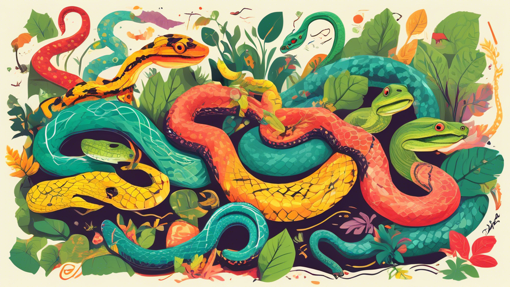 Create an image of a colorful and diverse group of snakes showcasing different species and patterns, along with text bubbles next to each snake highlighting various fun and fascinating facts about snakes. The snakes could be depicted slithering through a lush and vibrant jungle setting.