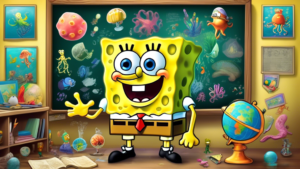 Create an image of SpongeBob SquarePants in a classroom setting, surrounded by various objects and visuals representing fun facts about him. This could include a chalkboard with interesting tidbits, books about marine life, jellyfish hanging from the ceiling, and a globe with Bikini Bottom highlighted. SpongeBob should be looking excited and eager to share these facts with a group of animated sea creature classmates.