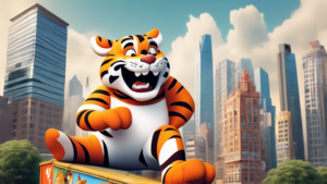 Create an image of a larger-than-life Tony the Tiger towering over a cityscape, playfully interacting with the environment in unexpected ways. Show Tony the Tiger engaging in fun activities like skateboarding off a skyscraper, lounging in a giant bowl of cereal, or using his iconic They're Gr-r-reat! catchphrase to motivate a crowd of tiny city dwellers. Capture the whimsical and larger-than-life essence of everyone's favorite cereal mascot in a dynamic and entertaining scene.
