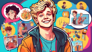 Create an image of an animated character resembling Tristan Evans from The Vamps, surrounded by colorful speech bubbles containing various fun facts about him, such as his favorite food, hobbies, and unique talents. The character should be depicted with his signature hairstyle and wearing trendy musician attire to capture his persona.