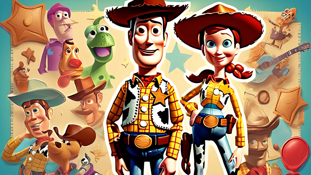 Create an image of a quirky and imaginative collage featuring fun facts about Woody from Toy Story. Include playful elements such as cowboy hats, sheriff badges, Woody's iconic outfit, and whimsical quotes or phrases related to the character. Make the overall composition colorful and visually engaging to capture the essence of Woody's character.