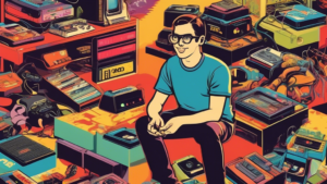 Create an image of a retro gaming enthusiast surrounded by various Atari 2600 consoles and game cartridges, with speech bubbles containing fun facts about the iconic gaming system. The enthusiast should be depicted as excited and eager to share their knowledge about the Atari 2600.