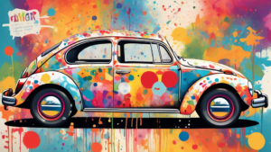 An image of a whimsical Volkswagen Beetle decorated with colorful paint splatters and patterns, surrounded by a quirky collage of fun facts about the iconic car.