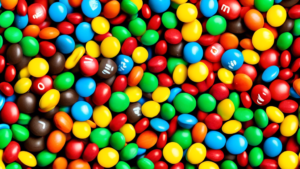 Create an image of a colorful and vibrant candy bowl filled with various M&M's, with each M&M displaying a different fun fact about the iconic candy. The background should be a playful and whimsical setting to highlight the joy and excitement of learning interesting tidbits about M&M's.