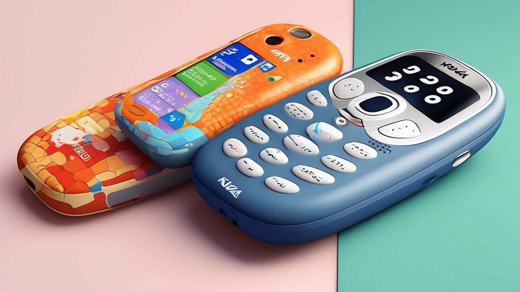 Create an image of a modern-day Nokia 3310 smartphone surrounded by a mix of quirky and fun facts about the legendary device. Include elements like indestructibility, iconic snake game, long battery life, customizable covers, and the famous brick-like design. Add a playful and colorful touch to the image to highlight the nostalgia and enduring popularity of the Nokia 3310.