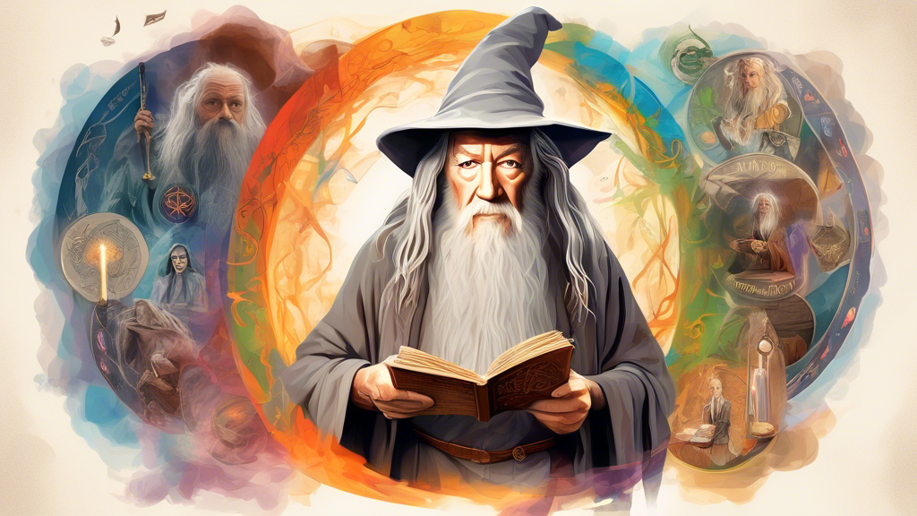 Create an image of Gandalf from The Lord of the Rings series holding a scroll with various interesting facts written on it. The background should feature mystical elements like glowing runes, a smoking pipe, and an ancient tome. Gandalf should be positioned in the center, looking wise and contemplative.