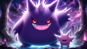 Create an image of Gengar and Clefable standing together in a mysterious and intriguing setting, sparking a sense of curiosity and wonder. Make sure Gengar's mischievous grin and Clefable's serene expression are captured, hinting at a deeper connection between the two Pokémon. The background should be filled with magical elements and symbolism that allude to a hidden theory or secret about their relationship.