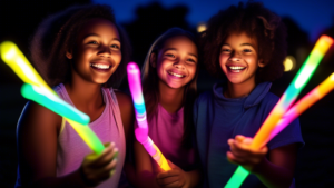 Create an image of a group of diverse, smiling friends outdoors at night, playing with colorful glow sticks to light up the darkness around them. The glow sticks are creating a mesmerizing array of vibrant colors, casting a magical glow on their faces as they enjoy a fun and carefree moment together. The scene captures the joy and excitement of using glow sticks to brighten up the night and create unforgettable memories.