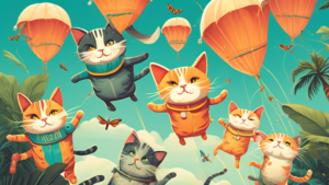 Create an image of a group of cats wearing tiny parachutes descending gracefully from the sky, with each cat holding a mosquito in its mouth. The background should show a lush, tropical environment with people looking up in amazement at the flying feline heroes.