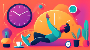 Create an image of a person slowing down time with a clock visibly stretching, while engaging in various activities like relaxing, exercising, working efficiently, taking breaks, and enjoying a hobby to make their day last longer and more fulfilling.