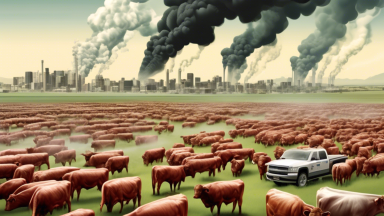 Create an image depicting the environmental impact of beef production compared to that of cars, showing the carbon emissions, resource consumption, and overall ecological footprint of each in a visually compelling and informative way. The image should feature contrasting visuals of a beef ranch with cattle emitting greenhouse gases and a cityscape with cars emitting smoke, illustrating the magnitude of each impact on the environment.