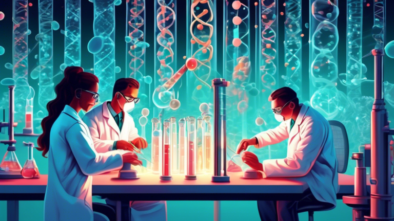 An illustration of scientists in a modern laboratory meticulously studying the molecular structure of Epithalon against a backdrop of glowing test tubes and DNA strands.