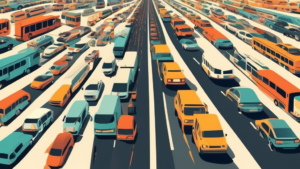 Create an image of a diverse array of vehicles on a highway, including cars, trucks, motorcycles, bicycles, and public transport like buses and trains. The image should showcase various modes of automotive transport to symbolize the wide range of options available for commuting and traveling.