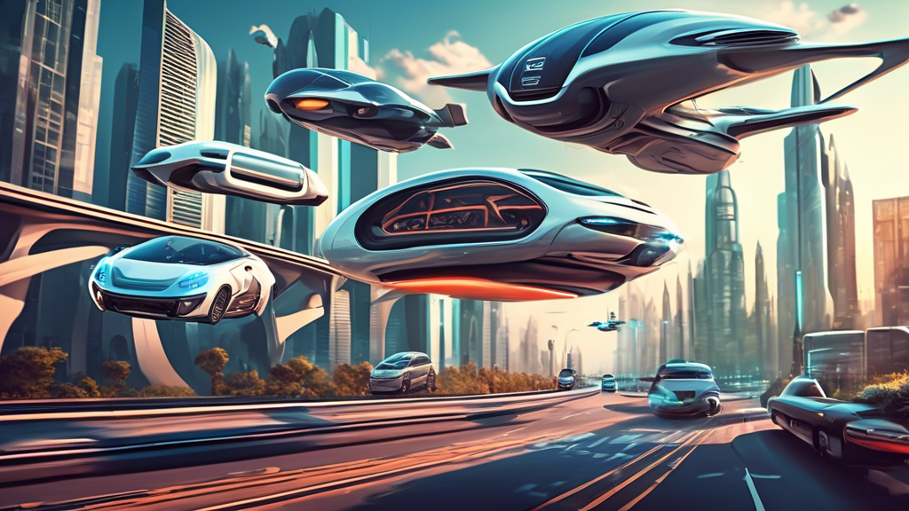 Create a detailed, futuristic cityscape with flying cars and automated road vehicles, highlighting the evolution of automotive transport.