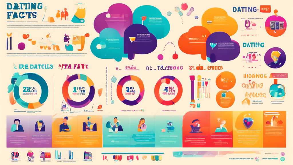 Create an image of a vibrant and engaging infographic showcasing interesting dating facts, such as statistics on dating preferences, dating app usage, popular date ideas, and successful relationship tips. Make the design visually appealing and easy to read, with colorful icons and bold text to grab the viewer's attention.