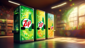 Create an image of a futuristic, whimsical vending machine dispensing cans of 7Up in a captivating and fantastical setting. Include elements that reflect the brand's history and unique qualities, such as glowing bubbles, lemon and lime slices floating in the air, and a larger-than-life 7Up logo shimmering overhead.