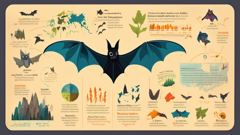 Create an image of a whimsical bat-shaped infographic showcasing interesting facts about bats, such as their ability to echolocate, diverse habitats, unique wing structure, and crucial role in ecosystem preservation. Include vibrant colors and playful illustrations to make the information engaging and informative.