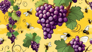 Create an image of a vibrant grapevine with various grape clusters in different colors and stages of ripeness, surrounded by bee pollinators buzzing around. Include a whimsical touch by having some grapes transforming into different shapes or objects, showcasing the versatility and intrigue of grapes.