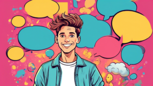 Create an image of a cartoon character dressed as Joey Essex, standing in front of a series of floating speech bubbles filled with fun facts and trivia about the character.