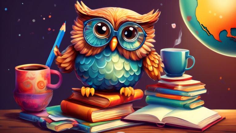 Create an image of a whimsical owl engaging in various activities, such as drinking a cup of coffee, reading a book, wearing glasses, and holding a tiny pencil. Include elements that symbolize intelligence and curiosity, such as a stack of books, a magnifying glass, and a globe in the background.
