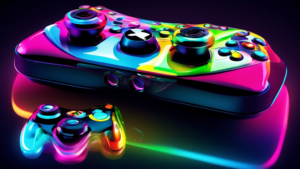 Create an image of a futuristic Xbox 360 console with multiple controllers floating around it, each displaying a different interesting fact about the console. Display vibrant colors and dynamic lighting to make the image visually engaging and futuristic.