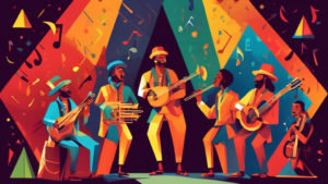 Create an image of a group of musicians performing on stage, focusing on a musician playing a triangle instrument. Include elements that represent interesting facts about the triangle instrument, such as ancient origins, its use in various musical genres, and its unique sound characteristics. Be sure to capture the musicians' expressions and the audience's reaction to the performance.