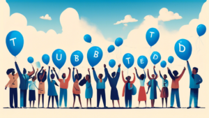 A group of diverse people from around the world standing together, releasing blue balloons into the sky, with a large banner in the background that reads World Tuberculosis Day – Unite to End TB, amidst a scene that subtly incorporates symbolic motifs representing health, recovery, and global unity, all rendered in a hopeful and inspiring art style.