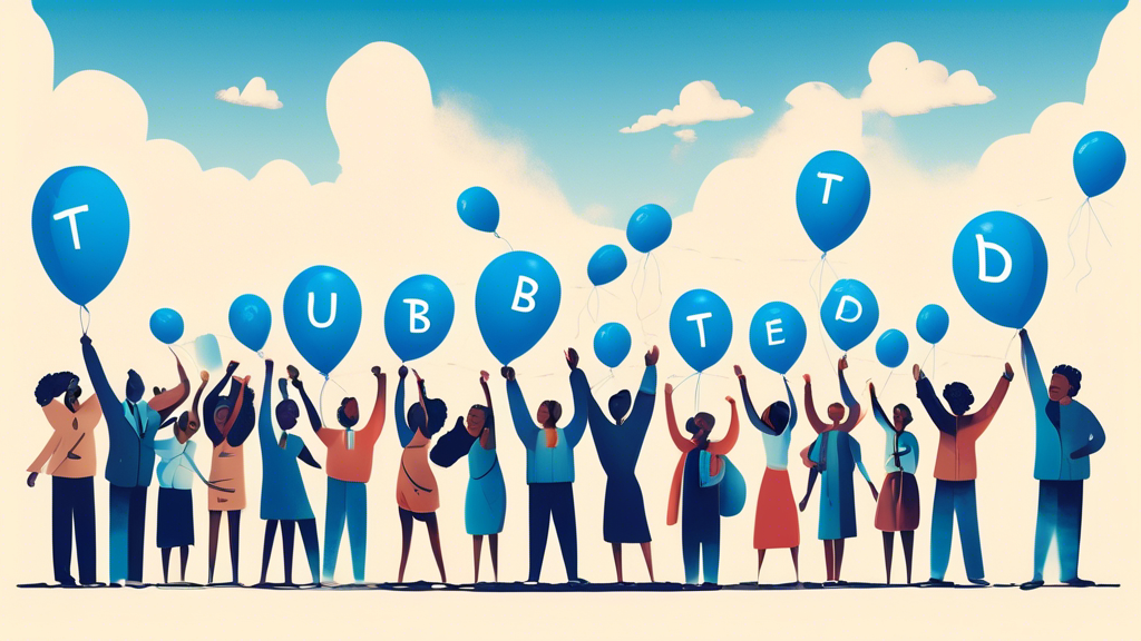 A group of diverse people from around the world standing together, releasing blue balloons into the sky, with a large banner in the background that reads World Tuberculosis Day – Unite to End TB, amidst a scene that subtly incorporates symbolic motifs representing health, recovery, and global unity, all rendered in a hopeful and inspiring art style.