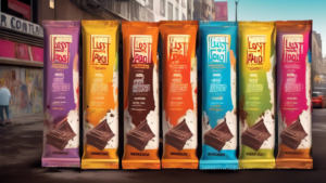 Please generate an image of a lost Apollo chocolate bar with a distressed and concerned expression, surrounded by 'lost' posters with contact information on them. The setting should be an urban street with blurred passersby in the background.