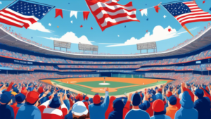 An illustration of a festive Major League Baseball stadium on Opening Day, filled with excited fans waving flags and wearing their favorite team's jerseys, under a clear blue sky.