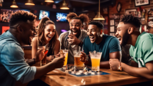 Create an image of a diverse group of friends huddled around a table at a sports bar, engaged in an intense game of trivia. Each person is holding a drink in one hand and a buzzer in the other, with various sports memorabilia and trophies decorating the walls in the background. The friends are all smiling and cheering each other on as they compete to answer questions on sports history, rules, and players. The atmosphere is lively and competitive, with a sense of camaraderie and friendly rivalry.