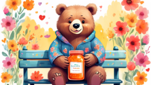 Create an image of an adorable bear sitting on a park bench with a big smile on its face, surrounded by colorful flowers and holding a jar of marmalade. The bear should have a kind and gentle expression, capturing the essence of Paddington's big heart.