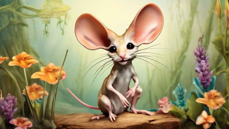 Create an image of a whimsical and enchanting scene featuring a jerboa, a small rodent with long hind legs, large ears, and a curious demeanor. The jerboa is depicted in a whimsical, imaginative environment that highlights its unique traits, showcasing its agility and charm. The background should be filled with colorful and dynamic elements that evoke a sense of wonder and fascination, capturing the essence of this unusual animal.
