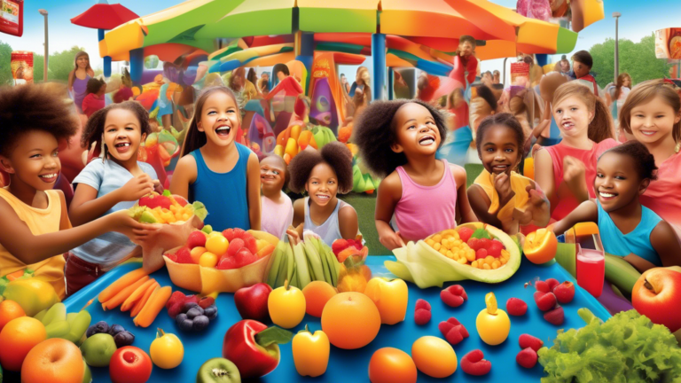 Create an image of a diverse group of children playing together in a vibrant playground, surrounded by colorful fruits and vegetables. In the background, fast food advertisements are displayed, but a barrier made of shields featuring healthy foods shields the children from the marketing. The image should emphasize the importance of protecting children from junk food marketing in a visually engaging and educational way.