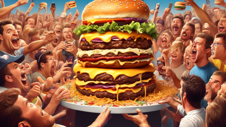 Create an image of a massive burger challenge with several layers of patties, cheese, and toppings stacked precariously high on a plate, surrounded by a cheering crowd of onlookers as a contestant attempts to take the first bite. The burger should be so tall that it towers over the contestant, emphasizing the outrageousness of the food challenge.