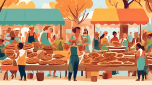 A vibrant, bustling farmer's market on a sunny day, with a festive stall dedicated to Pecan Day, featuring an array of pecan pies, roasted pecans, and pecan-themed decorations, surrounded by people celebrating.