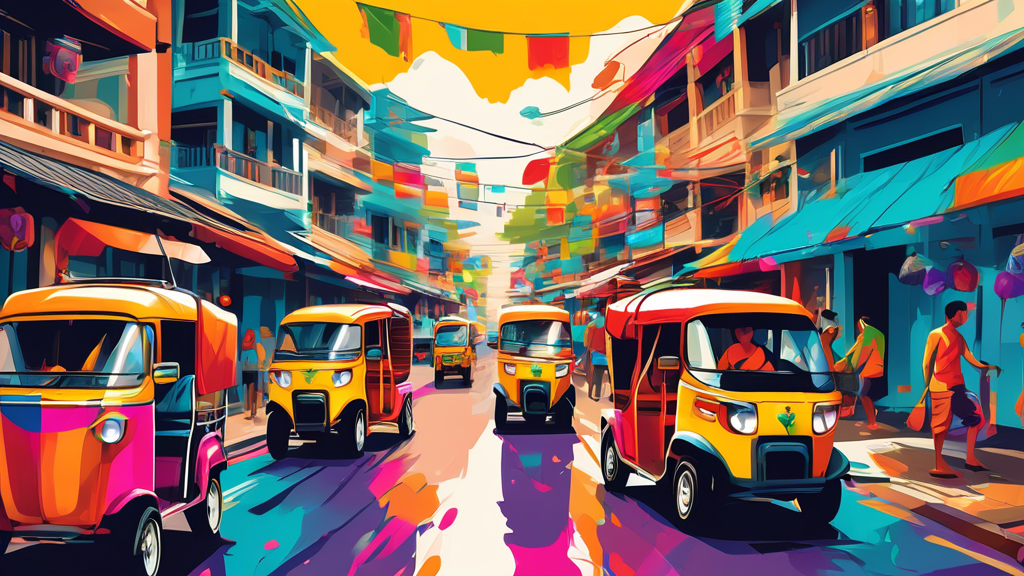 Create an image of a vibrant and bustling street in Phuket, Thailand, showcasing colorful tuk-tuks, street vendors, tourists exploring and the iconic architecture of the island.