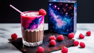 Please generate an image of a Milky Way-themed cocktail garnished with fresh raspberries. The cocktail should be served in a clear glass with a colorful straw, and surrounded by a few loose raspberries. The drink should have a creamy, swirled appearance mimicking the galaxy, with a sprinkle of cocoa powder on top for an extra touch.