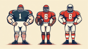 Create an image depicting a rugby player and an American football player standing side by side, each holding a ball from their respective sport. The players should be wearing their full uniforms and gear, highlighting the key differences in their attire and equipment. The background should include elements that symbolize both sports, such as goalposts, field markings, and team logos.