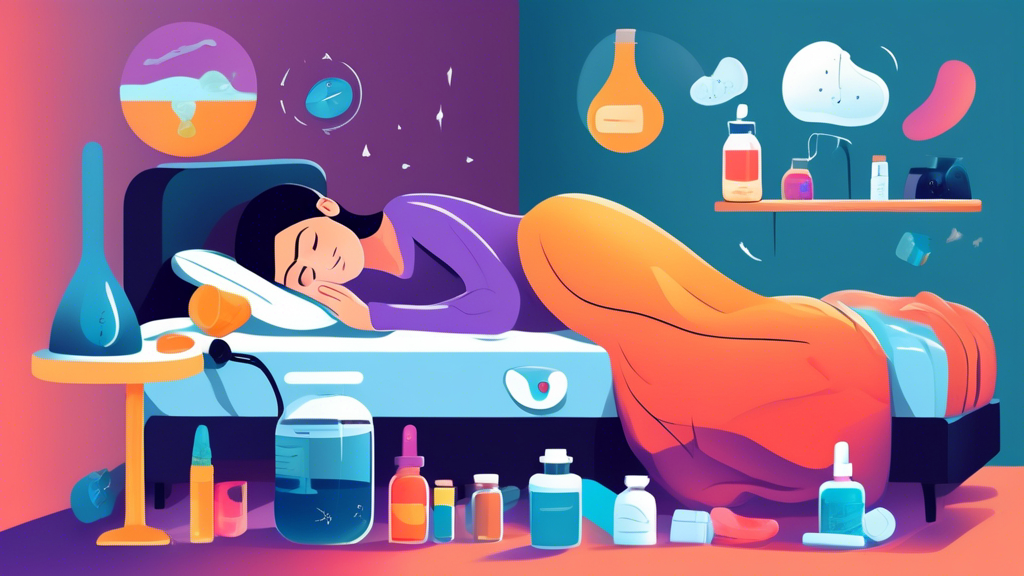 An image of a person sleeping peacefully in bed with various remedies for snoring around them, such as a humidifier, nasal strips, ear plugs, and a wedge pillow.