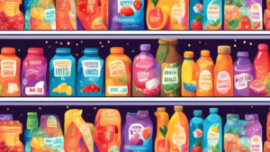 Create an image of a grocery store shelf filled with common food products, but with whimsical and unexpected ingredients like rainbows, sparkles, and miniature unicorns listed on their labels. Each product should have a colorful and fantastical design to showcase the surprising hidden ingredients mentioned in the article title.