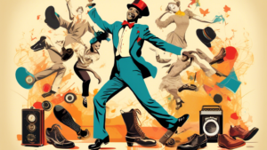 Create an image of a joyful tap dancer surrounded by vintage tap dancing shoes and paraphernalia, showcasing the evolution of tap dance through history. Include elements like old posters, music notes, and iconic tap dance poses to convey the vibrant and rhythmic history of tap dance.