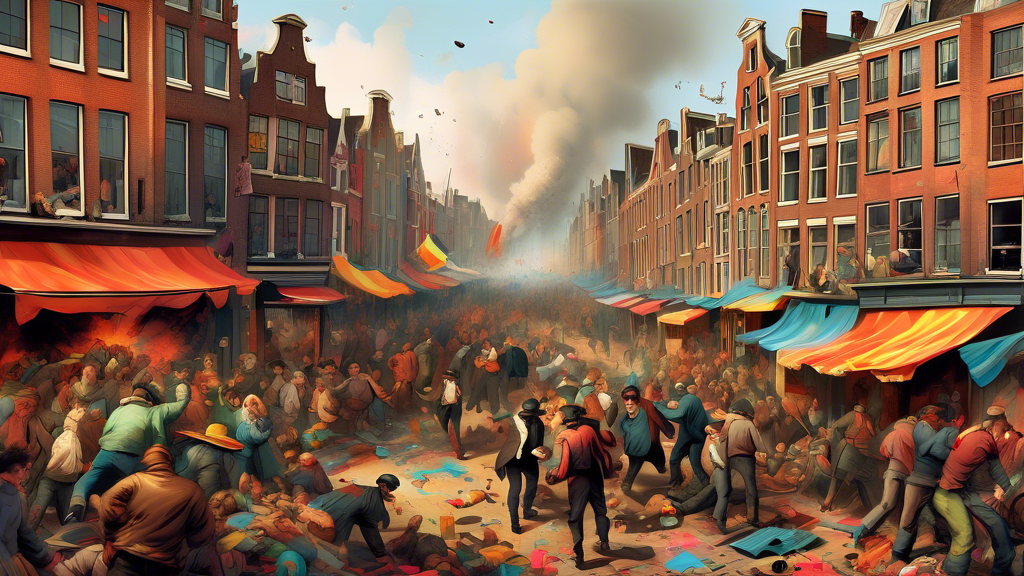 Create an image of a chaotic scene on the streets of Amsterdam during the Eel Riots, with colorful graffiti-covered buildings, overturned market stalls, and people running in confusion. The image should evoke a sense of tension and disorder, capturing the historic event that shook the city in the 1880s.