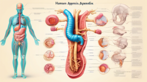 Create an image of a detailed anatomical illustration of the human appendix, highlighting its position in the body and its surrounding structures. Include labels indicating its functions and importance in the digestive system.