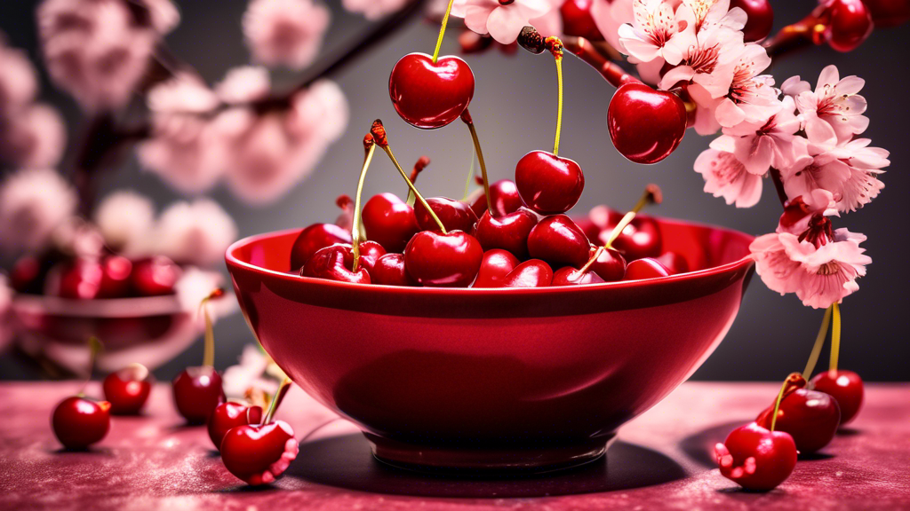 Create an image of a vibrant red bowl filled to the brim with luscious, ripe cherries. Each cherry glistens with freshness, inviting viewers to savor their juicy sweetness. Surrounding the bowl are scattered cherry blossoms, symbolizing the various health benefits cherries offer, such as reducing inflammation, aiding in better sleep, and supporting heart health. The image conveys a sense of wellness and vitality associated with this delicious and nutritious fruit.