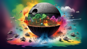 Create an image of a mysterious island in the shape of the Death Star, with smoke rising from its center and Star Wars characters and Lost characters standing together, facing off against a common enemy.