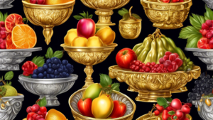 Create an image of a opulent fruit market with various fruits displayed in ornate gold and silver bowls, showcasing the most expensive and luxurious fruits in the world. Each fruit should be visually stunning and exude a sense of luxury and extravagance.