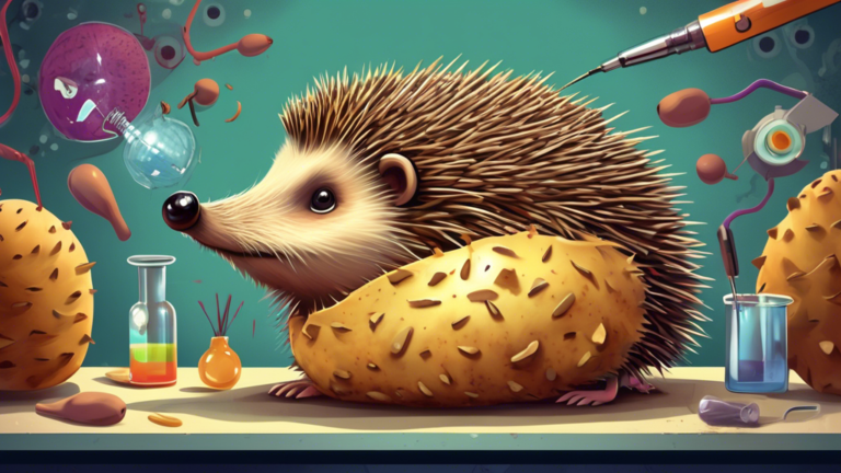 Create an image of a hedgehog with a potato for a body, surrounded by puzzled scientists examining it in a laboratory setting. The hedgehog has the typical face and quills, but its body is unmistakably a potato. The scientists are scratching their heads in bewilderment, trying to figure out the mystery behind this unique creature.