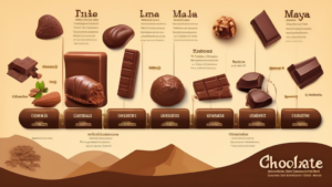 Create an image of a timeline showcasing the history of chocolate, starting from its origins in Mesoamerica to its transformation into a popular treat enjoyed worldwide today. Include illustrations of cacao trees, ancient civilizations like the Maya and Aztec, European explorers, and modern chocolate products. Display key milestones, such as the invention of chocolate bars and the founding of renowned chocolate brands. Capture the evolution and widespread appeal of this delectable treat throughout the centuries.